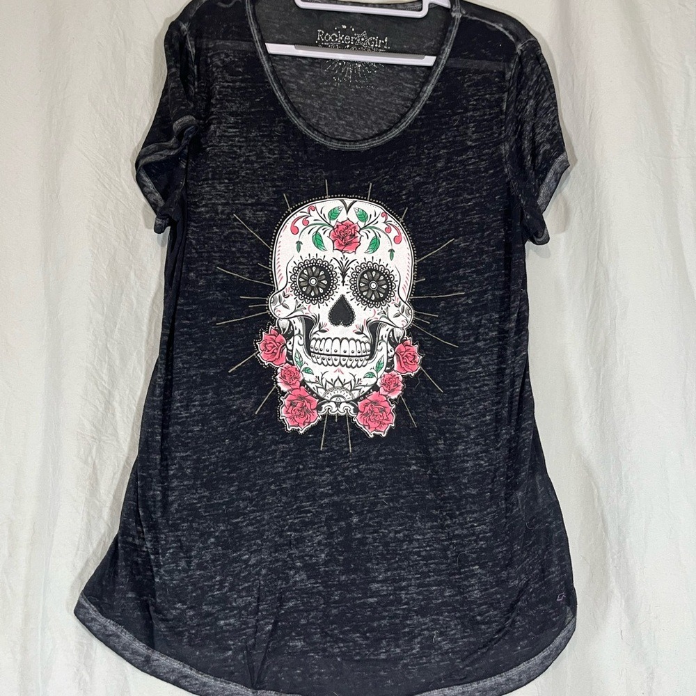 Rocker Girl Sugar Skull Rose Graphic Burnout Tee Charcoal Grey Womens 1XL‎